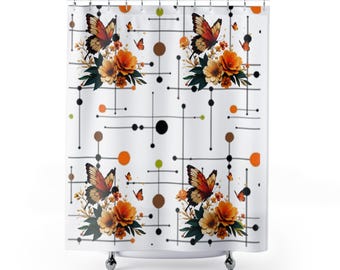 Cortina de ducha floral con mariposas naranjas / Cuadrícula de puntos de mediados de siglo