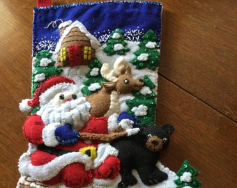 Finished Bucilla “Santa’s Black Bear Cabin” felt Christmas Stocking-vintage, hand sewn felt applique stocking