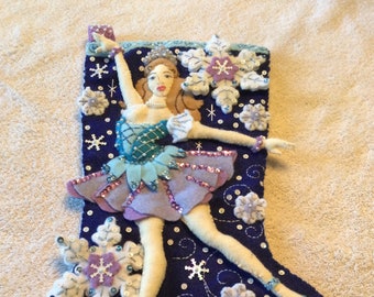 Finished Bucilla  "Snowflake Ballerina”, felt Christmas stocking-vintage, hand sewn felt stocking