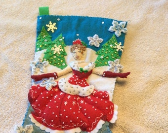 Finished Bucilla "A Christmas Skate" felt Christmas stocking - vintage, hand sewn felt applique stocking