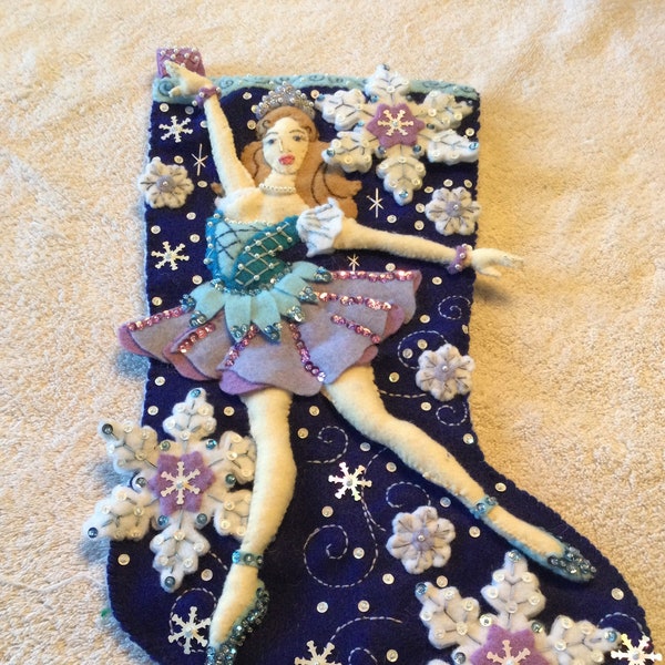 Finished Bucilla  "Snowflake Ballerina”, felt Christmas stocking-vintage, hand sewn felt stocking