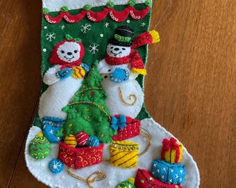 Finished Bucilla Felt Christmas Stocking: Handsewn Applique, "Decorating the Tree"