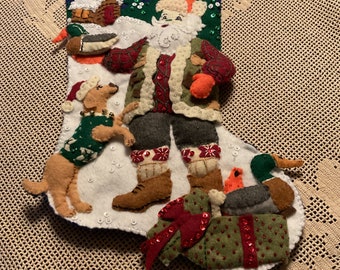 Finished Merry Stockings  “Outdoorsman Santa” Felt Christmas stocking - vintage, hand sewn felt applique stocking