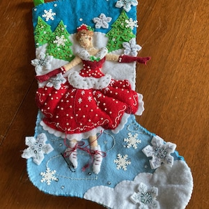 Finished Bucilla &quot;A Christmas Skate&quot; felt Christmas stocking - vintage, hand sewn felt applique stocking
