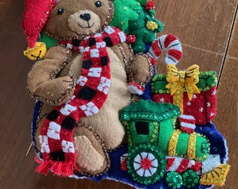 Finished Bucilla  "Teddy Bear”, felt Christmas stocking-vintage, hand sewn felt stocking