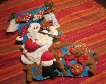 Finished Bucilla" In the Workshop" Felt Christmas stocking - vintage, hand sewn felt applique stocking