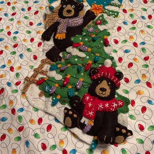Finished Bucilla &quot;Holiday Black Bears”Felt Christmas stocking - vintage, hand sewn felt applique stocking