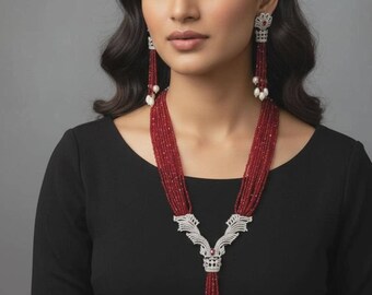 Multi-Strand Red Beaded Necklace and Earring Set, Crystal Silver-Tone Centerpiece