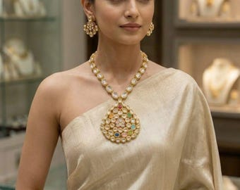 Traditional Kundan Necklace Set, Bridal Indian Jewelry, Statement Gold Necklace, Maharani Style