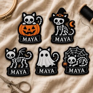 Écusson personnalisé chat squelette, badge d'Halloween brodé avec nom personnalisé pour sacs à dos