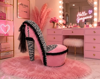 Pink Zebra Stiletto Heel Chair | Handmade Shoe Chair | Glam Vanity Chair | Y2K Furniture | Beauty Room Decor
