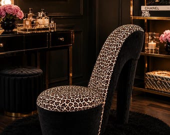 Midnight Stiletto High Heel Chair, Leopard Print Velvet Accent Furniture
