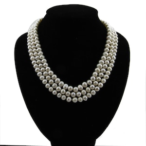 3 row White Freshwater Cultured A Quality Pearl Necklace (6.5-7.5 mm), 17 Inches