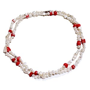 Pearl Necklace- Long necklace- Pearl/ Coral