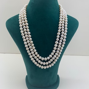 Pearl Necklace, Classic 3 Row white Freshwater Cultured pearl necklace, 17&quot; for women, Extra High Luster pearl necklace