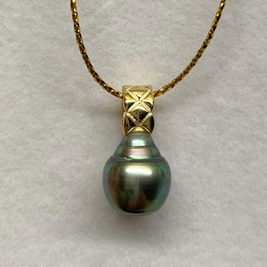 Tahitian Pearl Pendant, 10-11 mm Tear Drop Green Tone Tahitian Cultured Pearl Pendant, Silver with Gold plated, Pendant Only, 011325-5