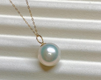 18K Yellow Gold 13-14 mm High Natural Metallic luster White with Light Golden Tone Round Edison Freshwater Cultured Pearl Pendant, 120924-1
