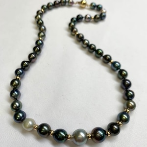 Elegant Tahitian Cultured Pearl Necklace 19 Inches, Baroque Style, 7.5-11.1mm, 14K Yellow Gold Clasp, and 14K Gold Spacers