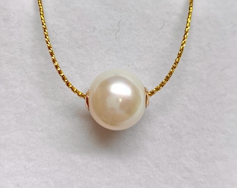 18K Yellow Gold White Edison Pearl pendant, 13-14 mm High Natural Metallic luster Round Edison Cultured Pearl Pendant,Pendant only,050325-1
