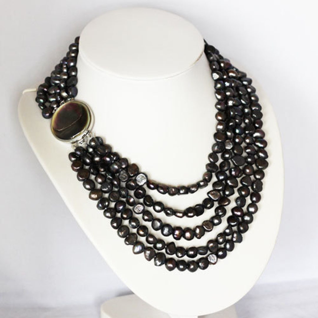 Pearl Necklace - 16-22 Inches-9-10mm, 5 Row Black Freshwater