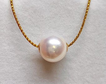 18K Rose Gold White Edison Pearl pendant, 13-14 mm High Natural Metallic luster Round Edison Cultured Pearl Pendant,Pendant only,050325-2