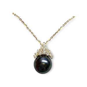 Tahitian Pearl Pendant, 10.4 mm Black Tahitian Cultured Pearl Pendant with 18K gold plated 925 Silver necklace,18&quot;, 082925-1