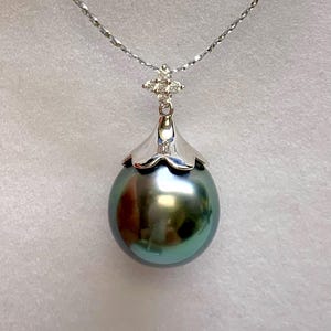 18K White Gold 12.4 mm Rare BlueTone, Tear Drop Tahitian Pearl Pendant, Pendant Only. Tahitian Cultured pearl, 020225-7