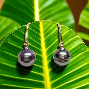 Genuine Baroque Black Tahitian Cultured Pearl Earrings for Women, 18K White Gold Plated Sterling Silver Earrings-082125-3