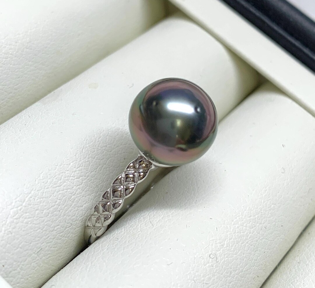 10.7 mm高光沢タヒチ養殖真珠調節可能リング、925シルバー、米国製