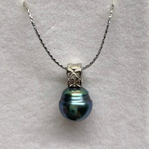 Tahitian Pearl Pendant, 10-11 mm Tear Drop Blue Tone Tahitian Cultured Pearl Pendant, Silver with Gold plated, Pendant Only, 011325-1