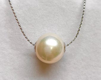 18K White Gold White Edison Pearl pendant, 13-14 mm High Natural Metallic luster Round Edison Cultured Pearl Pendant,Pendant only,050325-5