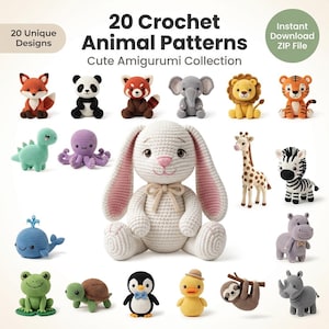 May include: A digital collection of 20 crochet animal patterns featuring amigurumi designs including a fox, panda, red panda, elephant, lion, tiger, dinosaur, octopus, rabbit, giraffe, zebra, whale, hippo, frog, turtle, penguin, duck, sloth, and rhino.