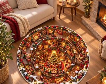 Puede incluir: Una alfombra redonda con una ilustración circular detallada de varios niveles de un taller navideño. El diseño incluye a Santa Claus, elfos, regalos envueltos y un árbol de Navidad central, todo rodeado por un borde festivo y nevado.