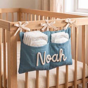 Personalized Crib Organizer for Nursery | Handcrafted Muslin Diaper Storage Bag, Custom Baby Boy Gift
