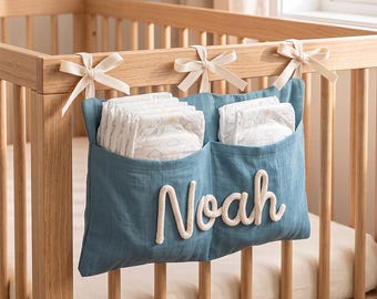Personalized Crib Organizer for Nursery | Handcrafted Muslin Diaper Storage Bag, Custom Baby Boy Gift