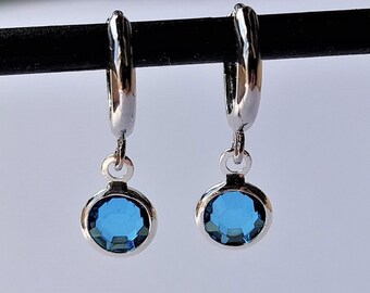March birthstone earrings, aquamarine earrings, light blue earrings dangle earrings stack silver hoops minimalist earrings, mothers day gift