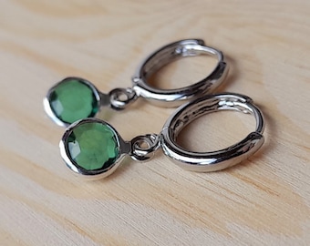 Emerald hoop earrings, Dangle Earrings, green May Birthstone, tiny silver hoop earrings, faceted gemstone earrings, silver huggie earrings