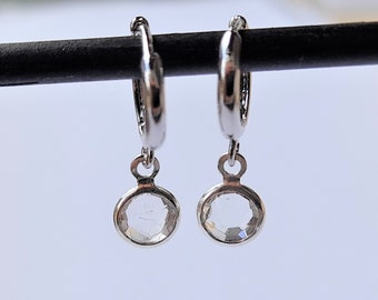 Crystal drop hoop earrings, Dangle Earrings, diamond April Birthstone, tiny silver hoop earrings, faceted gemstone earrings, gift for mom