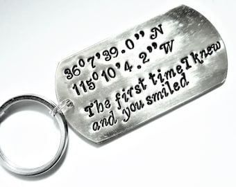 Co-ordinates keychain, Latitude Longitude keyring, The first time I knew and you smiled, Anniversary gift for him, date key chain men's gift