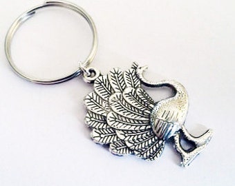 Peacock keychain, Peacock charm, silver keychain, bird charm, bird key ring, bridesmaid key chain, animal keychain, birthday gift, key fob