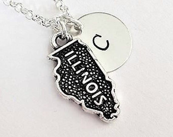 Illinois necklace personalized initial necklace Illinois jewelry map necklace friendship best friend no matter where monogram charm