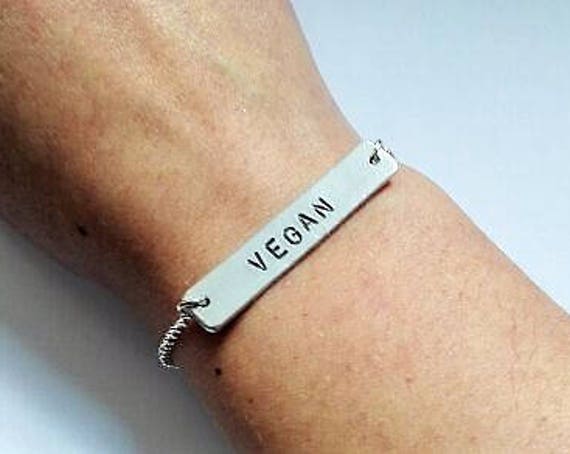 Vegan bracelet, Vegan Hand Stamped Jewelry Handstamped bar Bracelet Gift For Her Veganism silver bracelet pets are not food, Hypoallergenic