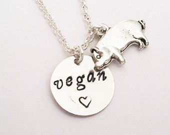 Pig Vegan Necklace, Hand Stamped Necklace, Veg Jewelry Vegetarian Necklace Motivation Inspirational Jewelry, animal rights, cruelty free