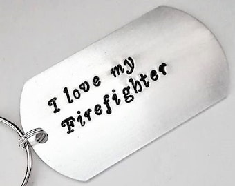 Firefighter keychain, I love my fire fighter, I heart my Firefighter, personalized keychain, men gift for him, stay safe I need you at home