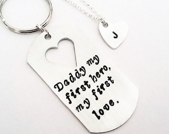 Fathers keychain set, daddy daughter necklace keychain, heart cut out keyring, personalized gift for dad, husband gift, custom present