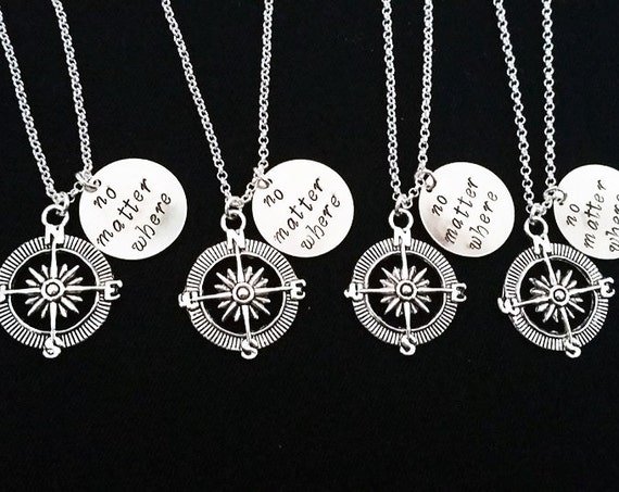Set of FOUR necklaces, 4 best friends, no matter where charm, compass necklace, college moving, Christmas gift, bff necklace friendship gift