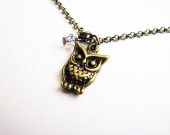 Tiny Owl Necklace, Owl Pendant, Owl Charm Necklace, Swarovski crystal, Woodland Creatures, Owl Jewelry, Small Owl Necklace, owls accessories