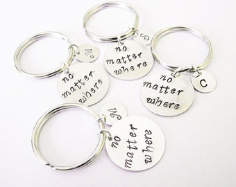 four best friends keychains, moving away, no matter where handstamped, 4 friends key chain, graduation gift, personalized initial custom