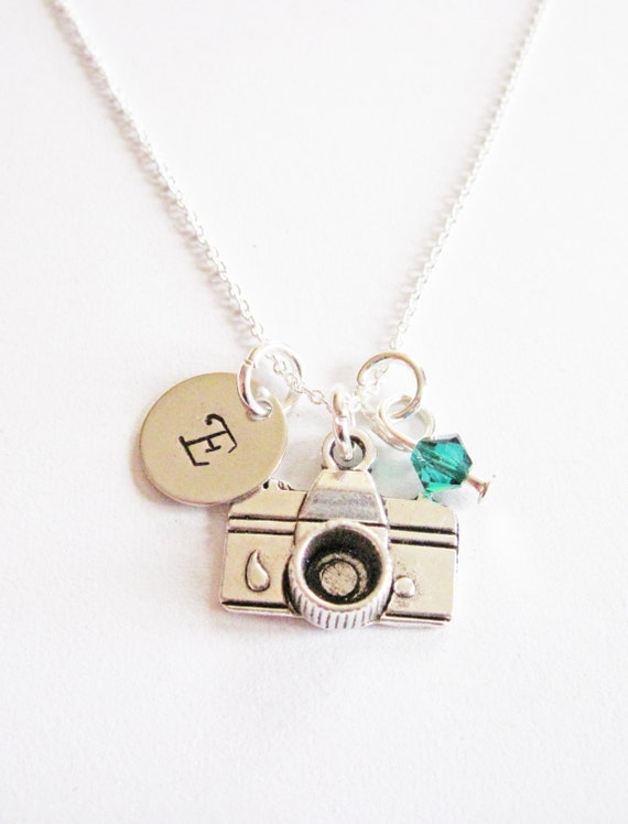 SALE - Personalized Camera Necklace, Photographer Gift, Birthstone Necklace, Custom Initials, Initial Jewelry sterling silver necklace charm