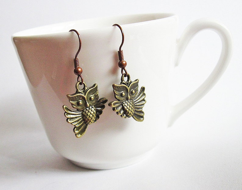 Flying Owl Earrings, Dangle Earrings, Bird Owl Jewelry, Jewellery Earrings, Woodland Creatures Whimsical, Brass Owl, retro, vintage style image 2